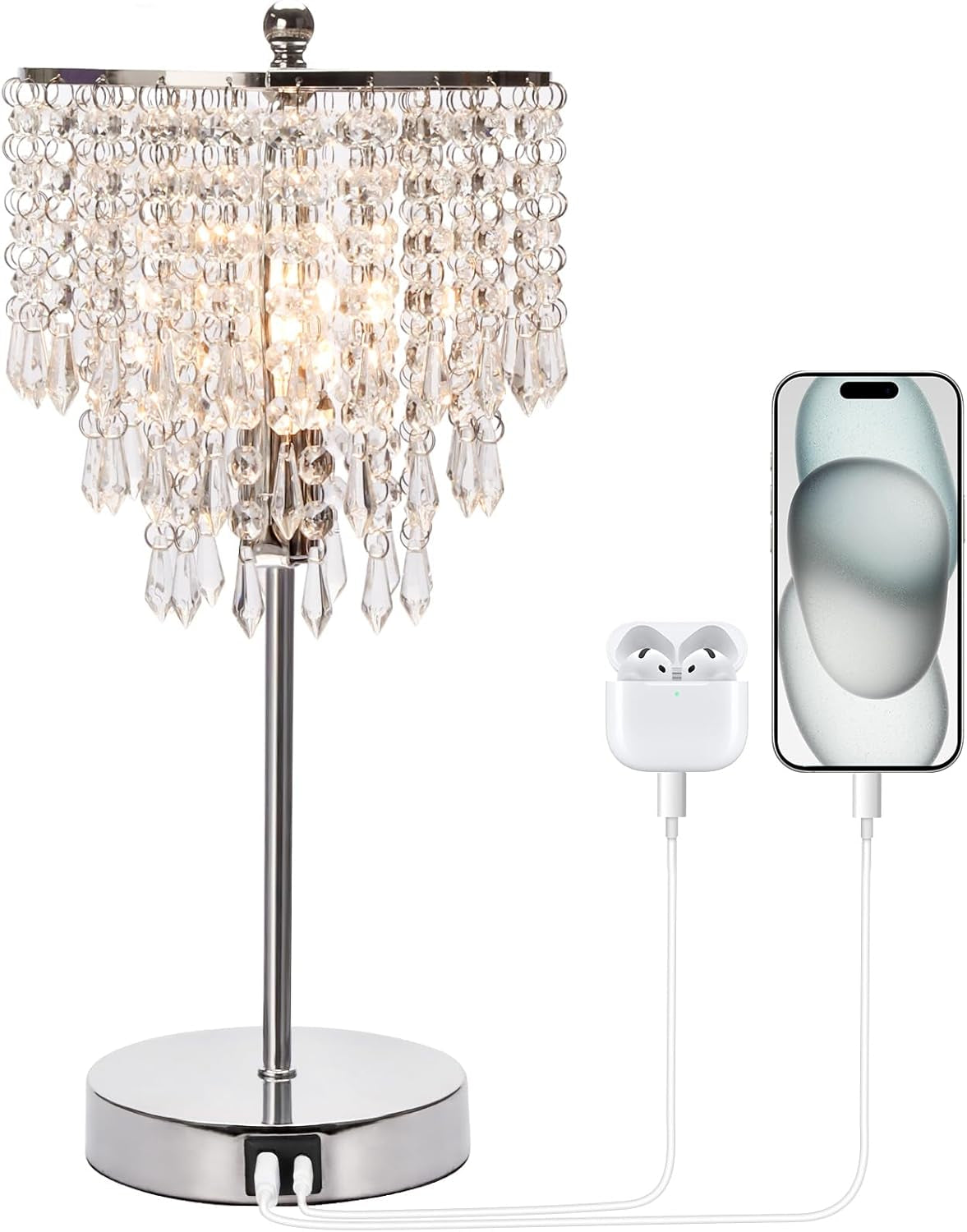 Touch Control Crystal Table Lamp with Dual USB Charging Ports, 3-Way Dimmable Bedside Touch Lamp Decorative Nightstand Lamp with Elegant Lamp Shade for Living Room Bedroom, B11 LED Bulb Included