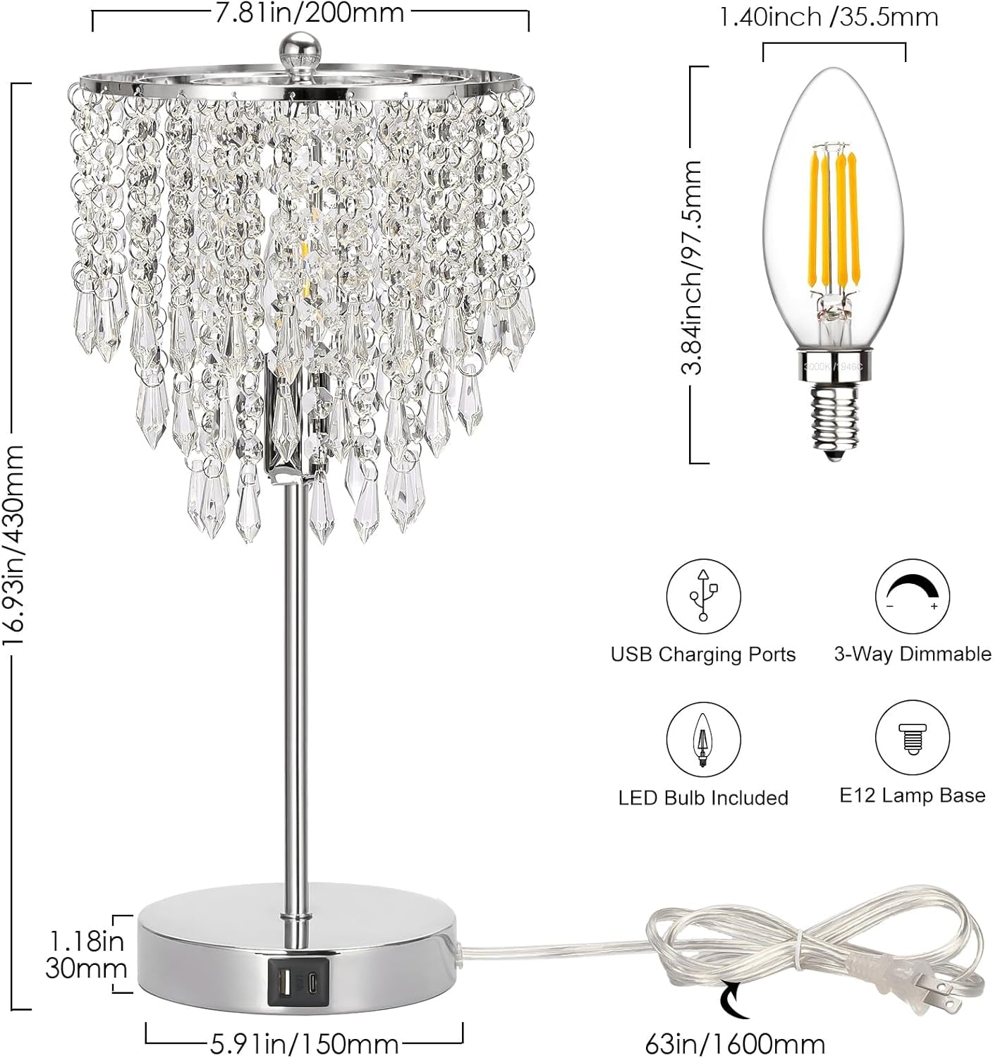 Touch Control Crystal Table Lamp with Dual USB Charging Ports, 3-Way Dimmable Bedside Touch Lamp Decorative Nightstand Lamp with Elegant Lamp Shade for Living Room Bedroom, B11 LED Bulb Included
